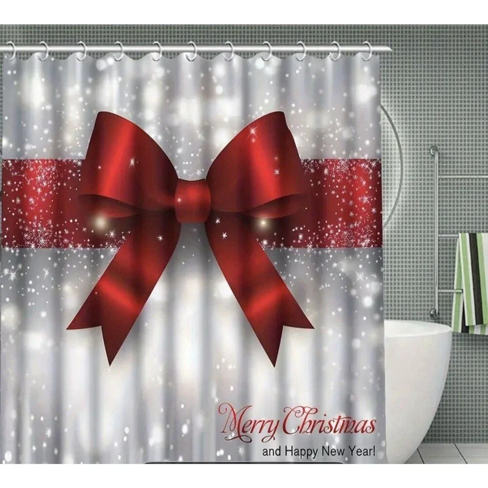 Unique Christmas Shower Curtain, Polyester White And Red Standard Size